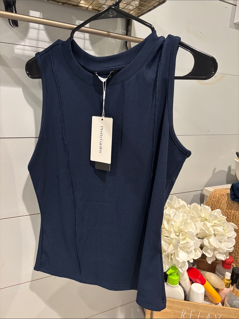 PrettyGarden Navy Ribbed Sleeveless Tank Top